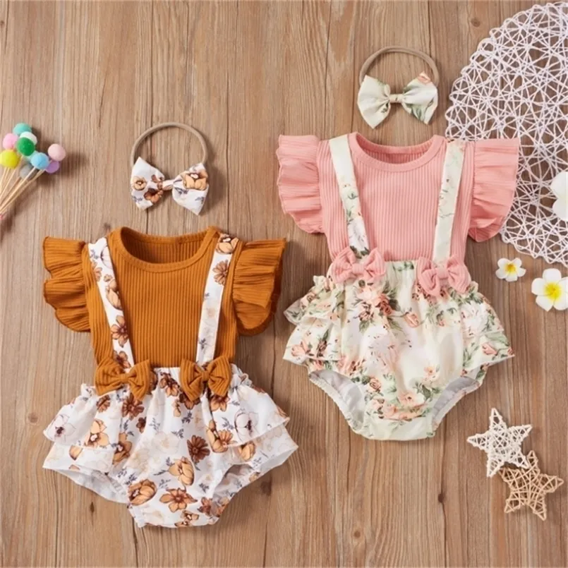 Kledingsets geboren kinderen baby meisjes 3 STKS bloemen bedrukte kleding gebreid T-shirt tops bretels shorts hoofdband outfit set zomer 221103