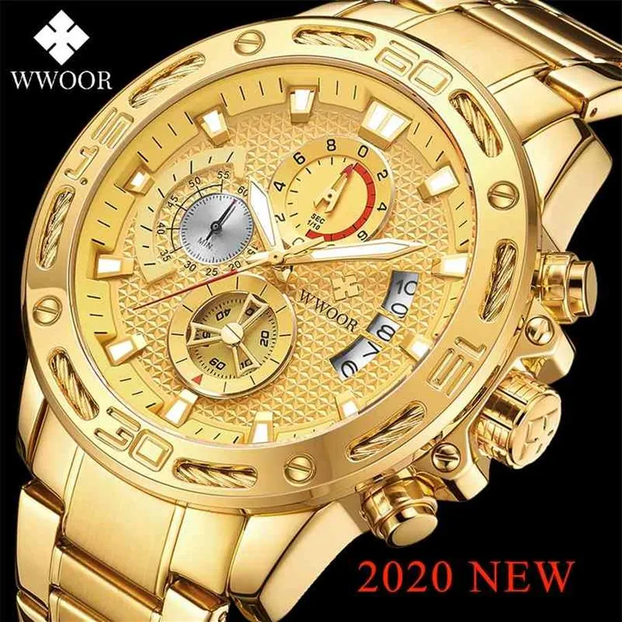 WWOOR, relojes de moda para hombre, relojes de cuarzo de acero completo dorado de lujo de primeras marcas, cronógrafo deportivo resistente al agua para hombre, reloj Masculino 210329256S