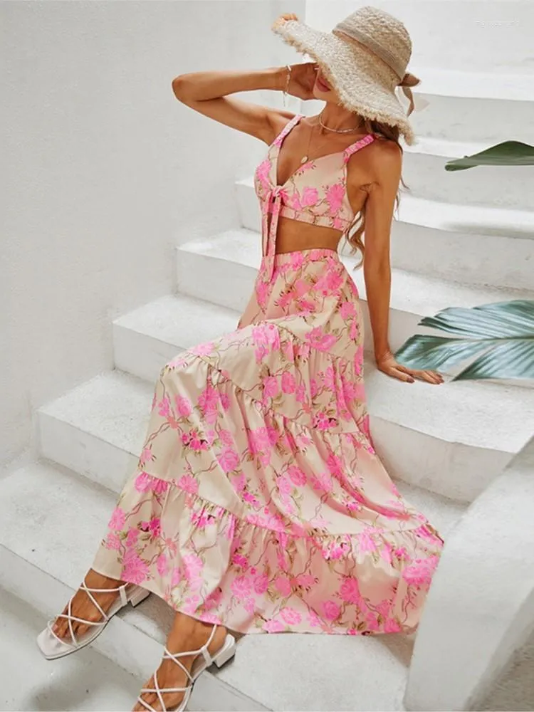 Casual jurken zomer dames bloemen wrap jurk vakantie strappy strand boho long sexy v nek crop top maxi rok tweedelige outfit