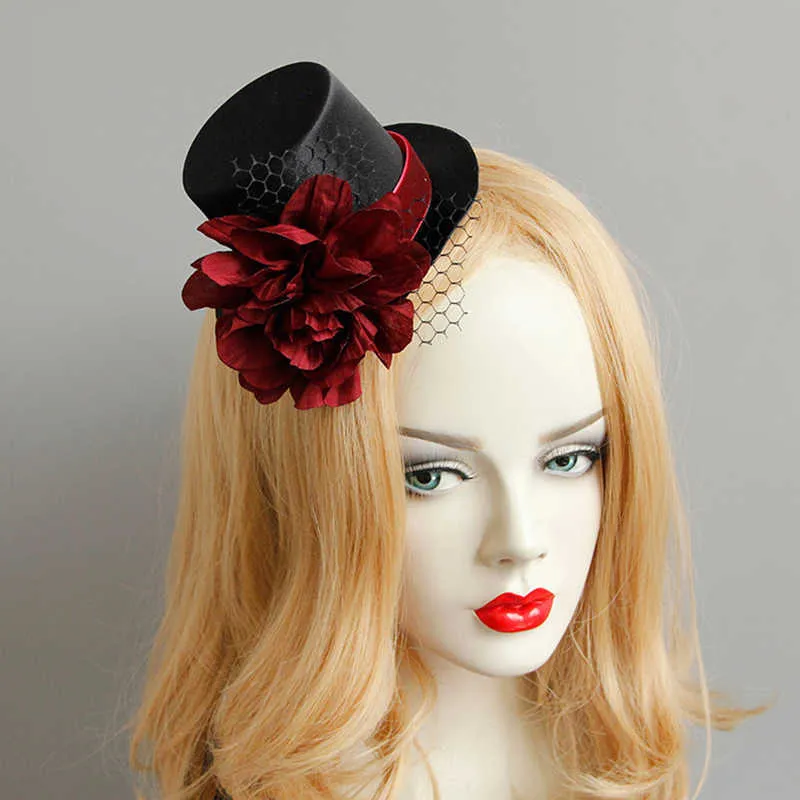 Hair Accessories Halloween Sexy Black Fascinator with Red Flower Netted & Red Floral Party Headbands