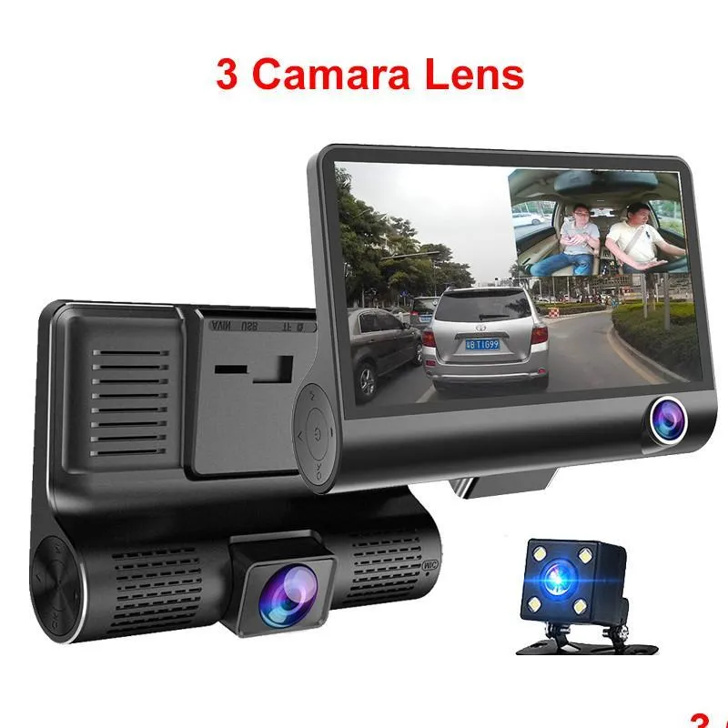 Автомобильные видеорегистраторы Новый автомобильный видеорегистратор 3 объектива камеры 4 0-дюймовый видеорегистратор двойной с видеорегистратором заднего вида Регистратор Dvrs Cam Drop Delivery 2022 M Dhajs