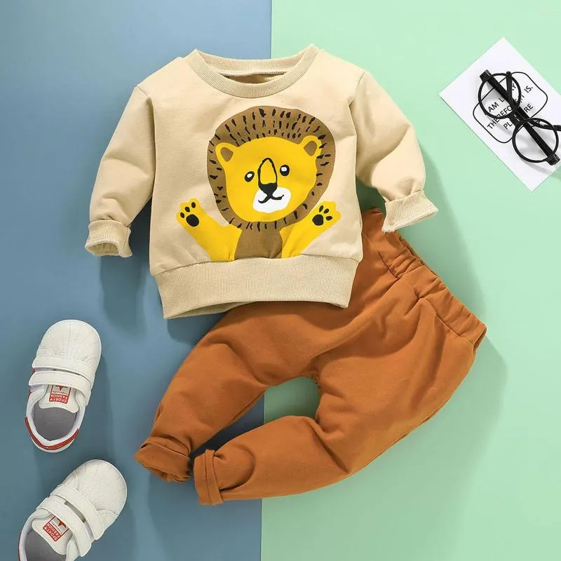 Conjuntos de ropa 0-12m Baby Baby Boys Juego de ropa de dibujos animados Lion estampado de manga larga Pantalones de color sólido 2 piezas de otoño