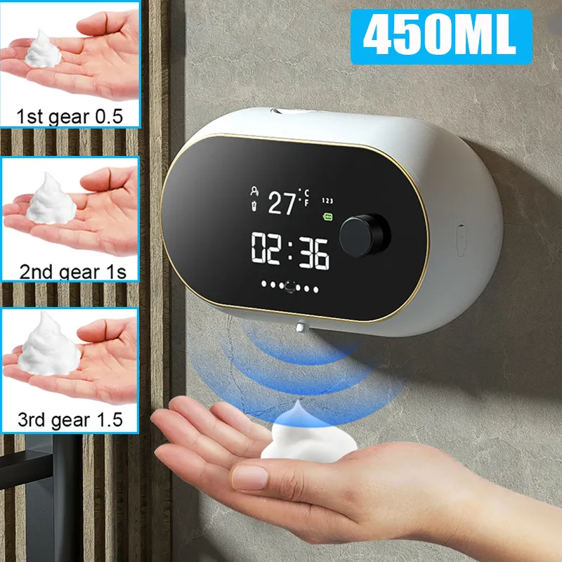 Dispenser di sapone liquido 450ML Schiuma automatica per montaggio a parete Touchless Sensor Machine Display della temperatura del tempo di ricarica USB 221103