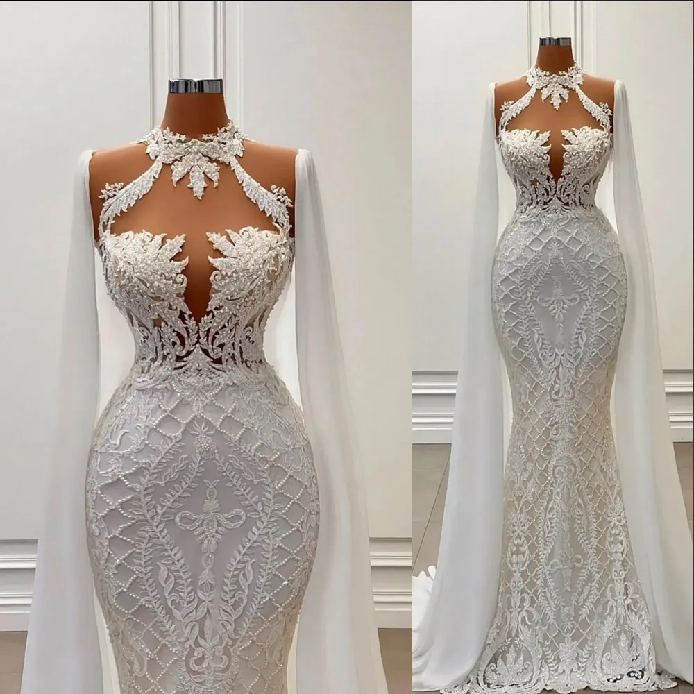 2023 Sexy Sirène Robes De Mariée Illusion Col Haut Manches Longues Cristal Perles Dentelle Appliques Plus La Taille Personnalisé Pays Robes De Mariée Étage Longueur Robe De Mariee