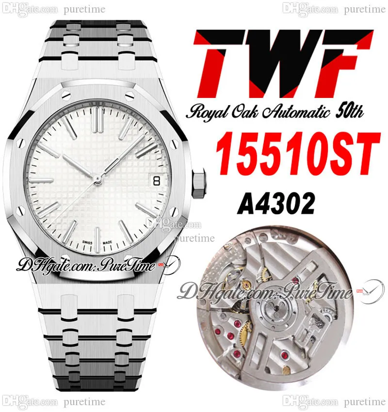 TWF 41mm 1551 A4302 Automatic Mens Watch 50th Anniversary Silver Textured Dial Stick Markers Stainless Steel Bracelet Watches Super Edition Puretime B2