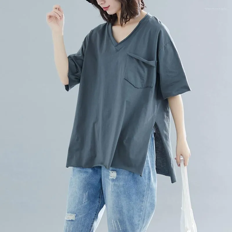 Dames t shirts cotton oversized dames t-shirts 2022 zomer v-neck pocket los slank casual alle match vrouwelijke pulls uit het deksel tops tees