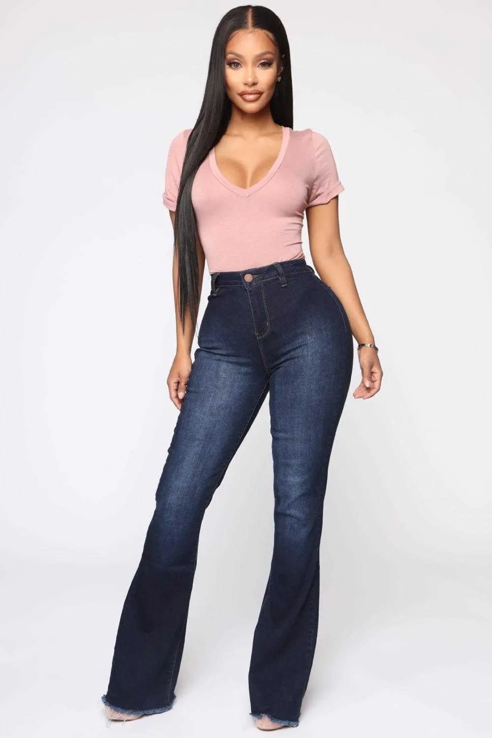 Jeans femininos jeans altas da cintura com elasticidade quadris apertados em calças de estilo sul -americano, pernas largas roupas da moda