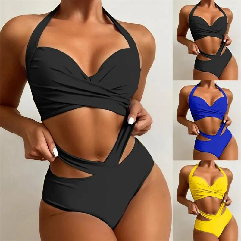 Costumi da bagno da donna Vita alta Costumi da bagno per il controllo della pancia Per le donne Tinta unita Nero Halter Cross Wrap Push Up Tankini Costumi da bagno Crop Top Pantaloncini