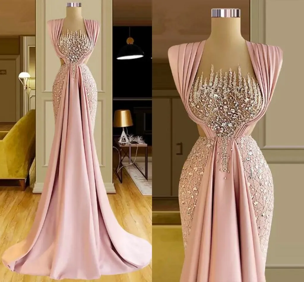Pink Mermaid Prom Dresses Sequined Sleeveless Custom Made Ruffles Floor Length Sheer Neck Aso Ebi Arabic Evening Engagement Gown