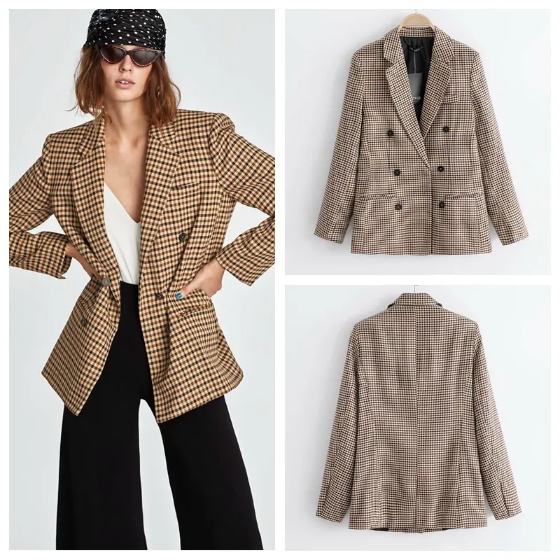 بدلات النساء بليزرز عتيقة مزدوجة الصدر Houndstooth plaid طباعة عارضة السترة النحيفة النحافة السيدات الأعمال البلاز الخارجية بدلات أنيقة معطف CT159