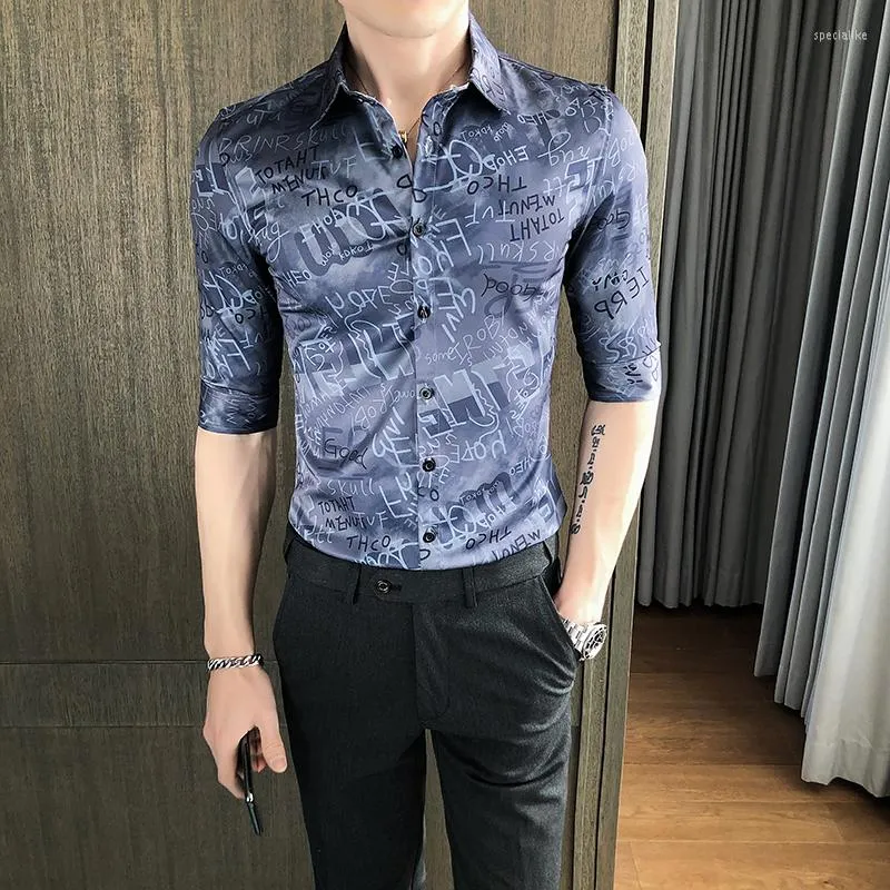 Men's Casual Shirts Autumn British Style Luxury Social Business Men Digital Printed Slim Half-sleeve Lace Party Male Dress Shir