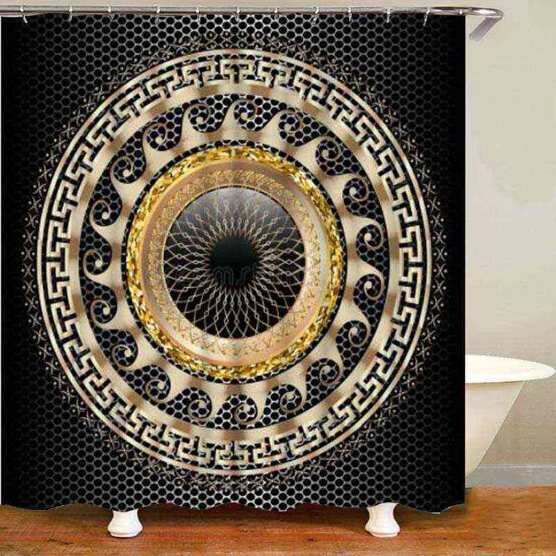 3D Luxe Zwarte Goud Griekse Sleutel Meander Badkamer Gordijnen Douchegordijn Set voor Badkamer Moderne Geometrische Sierlijke Bad Rug Decor 211223