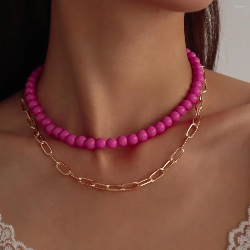 Choker Arrivals Fuchsia Beads Neck Gold Color Chain Necklace Multi Layer Goth Chocker Jewelry On The Women Collar