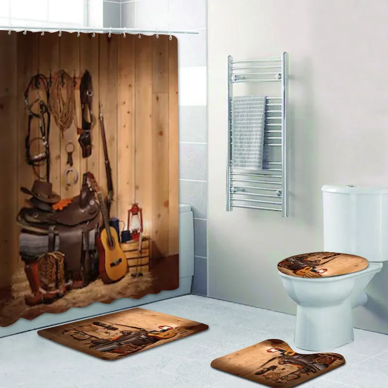 Rideaux de douche rustique cowboy américain country musical de salle de bain set tac tapis tapis tapis baignoire accessoires de baignoire décor 221104