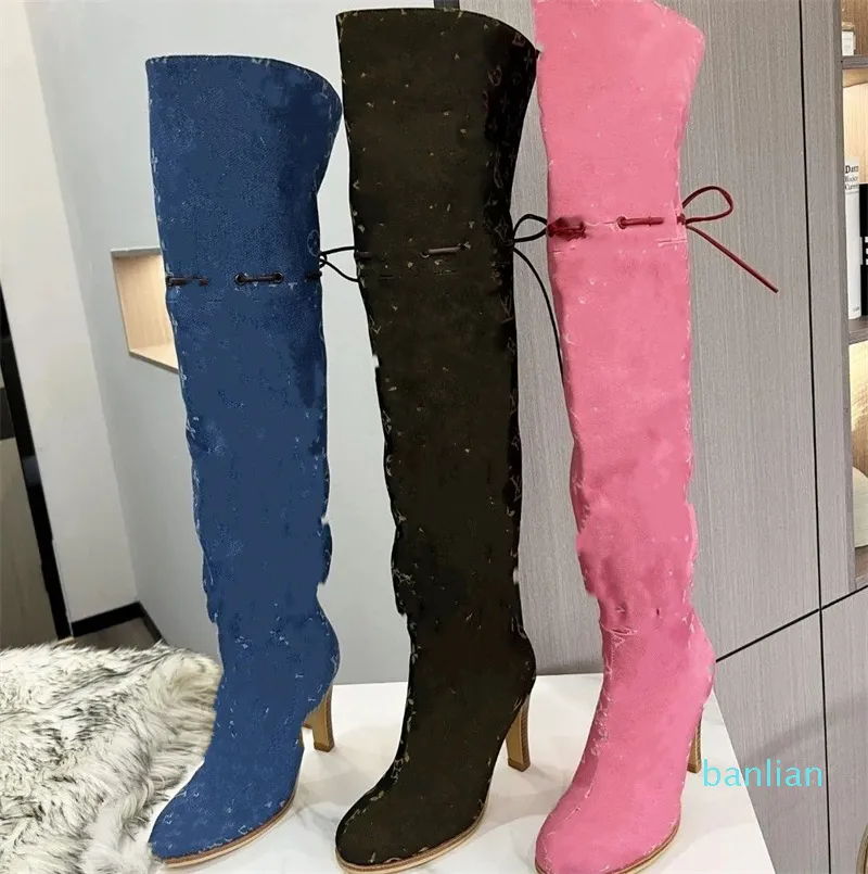 Designer Leather Knee High Suede Knee High Boots With Embellished ...