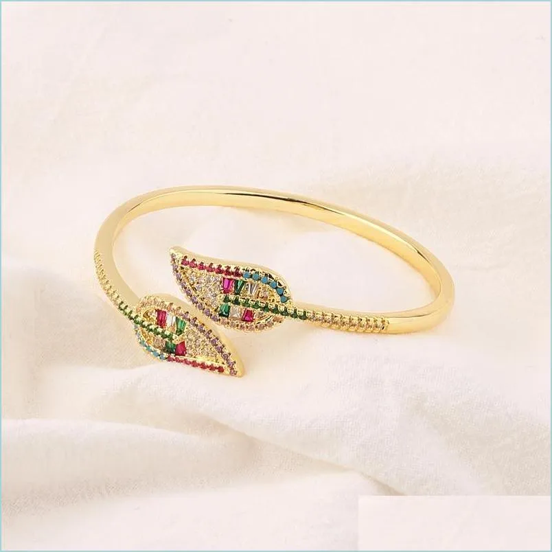 Bracciale rigido di lusso in oro riempito arcobaleno Cz foglia braccialetto per gioielli da donna festa nuziale zircone cubico aperto femminile regalo braccialetto goccia D Dhqsv