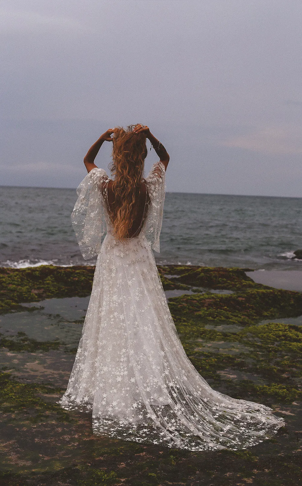 boho star wedding dress Counting Stars Fairytale Ethereal Dream Modern Long Sleeve Black Wedding Dress with Stars Boom Blush