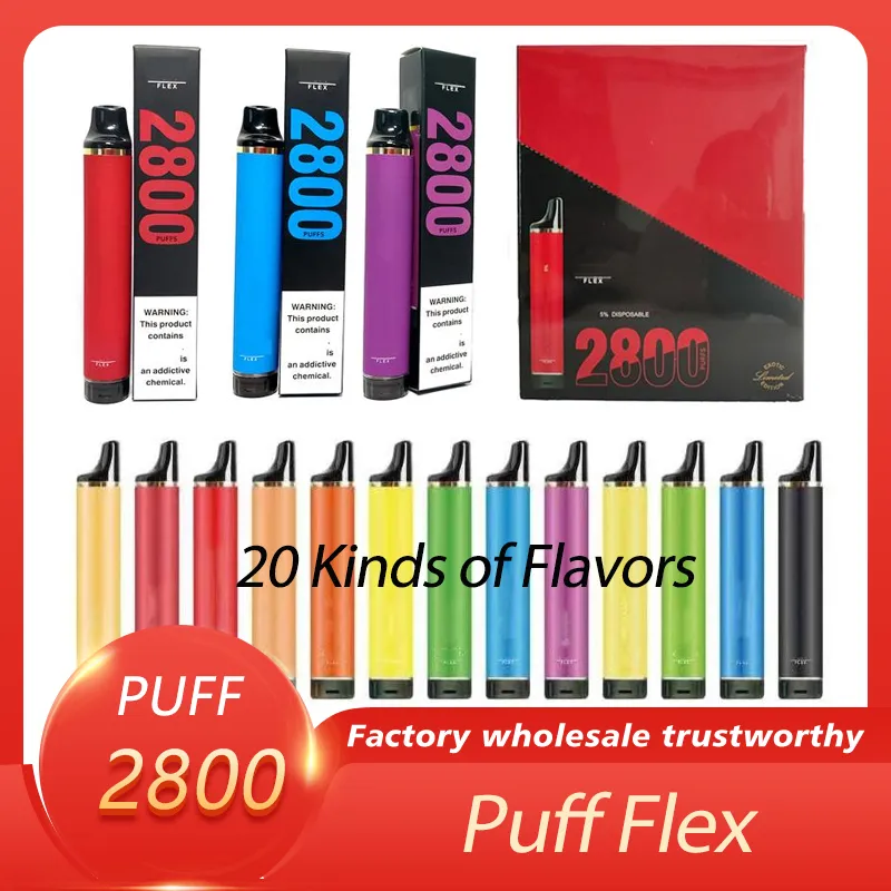 Puff Flex 2800パフEタバコ使い捨て蒸気吸引ポッド20フレーバー18650 1100MAHバッテリーPREFILL 6.5MLタンクPKプラス800 PUFF1600エアルクスオタクエルフエルフエルフエラックスレジェンド