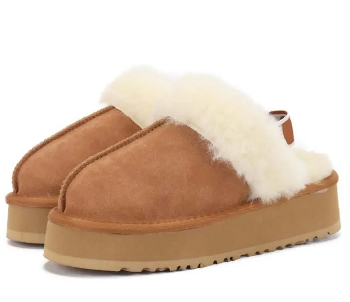 Fluff Yeah Slide Australia Sheepskin Suede Funkette Slippers Sherpa Disquette Women's Platform Shearling Fur Lined Slide Sandal Slip on Flat Booties Black and Khaki