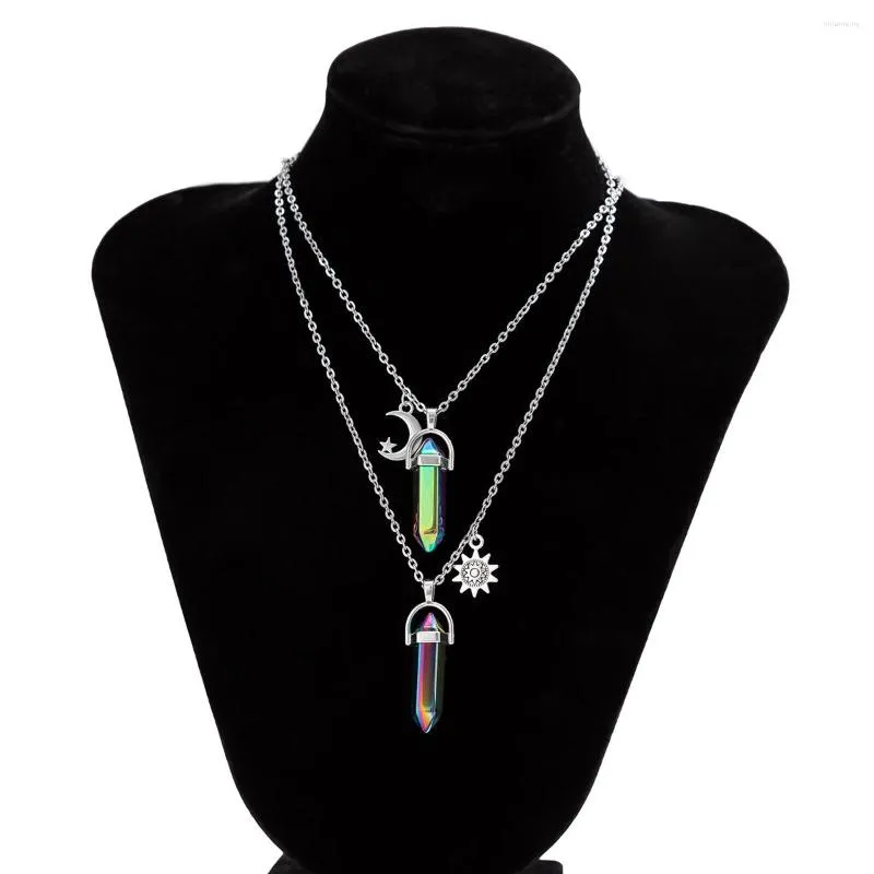 Choker 2PCS/SET Sun And Moon Fashion Necklace Bohemian Hexagon Stone Pendant Female Crystal