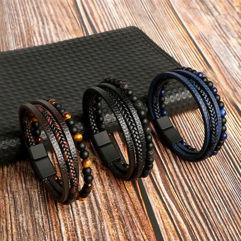 Charm Bracelets Leather Bracelet Men Classic Fashion Tiger Eye Beaded Multi Layer for Jewelry