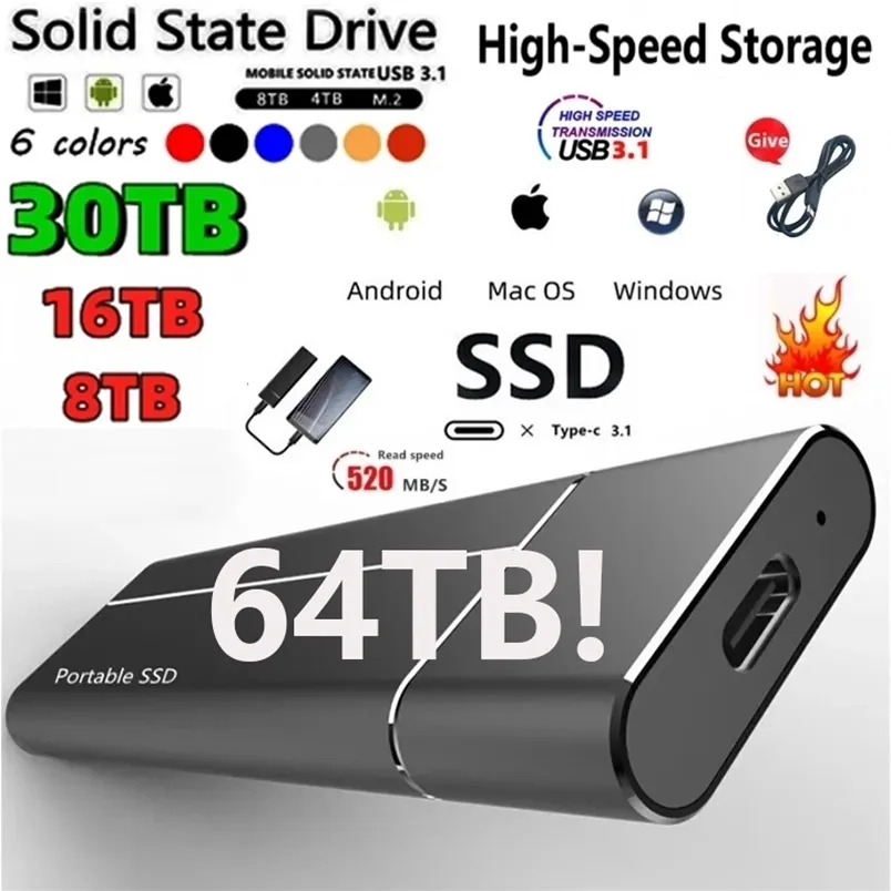 Sabit Diskler Protable SSD Tip-C USB3.1 16TB 4TB 2TB 1TB Yüksek Hızlı 500GB Harici Katı Hal Mobil Depolama Dizüstü PS4 221105