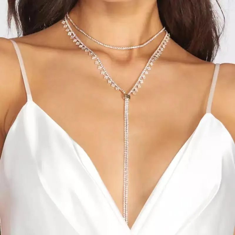 Collier ras du cou en strass en forme de Y pour femmes, chaîne Double couche en cristal, pompon Long, bijoux de fête