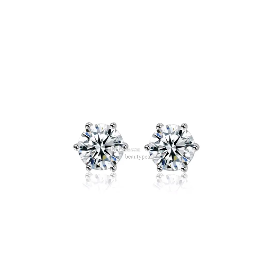 Estilo clássico 6 garras Moissanite Silver 925 Brincos de garanhão redonda Brilhante brilhante Moissanite Ear Studs