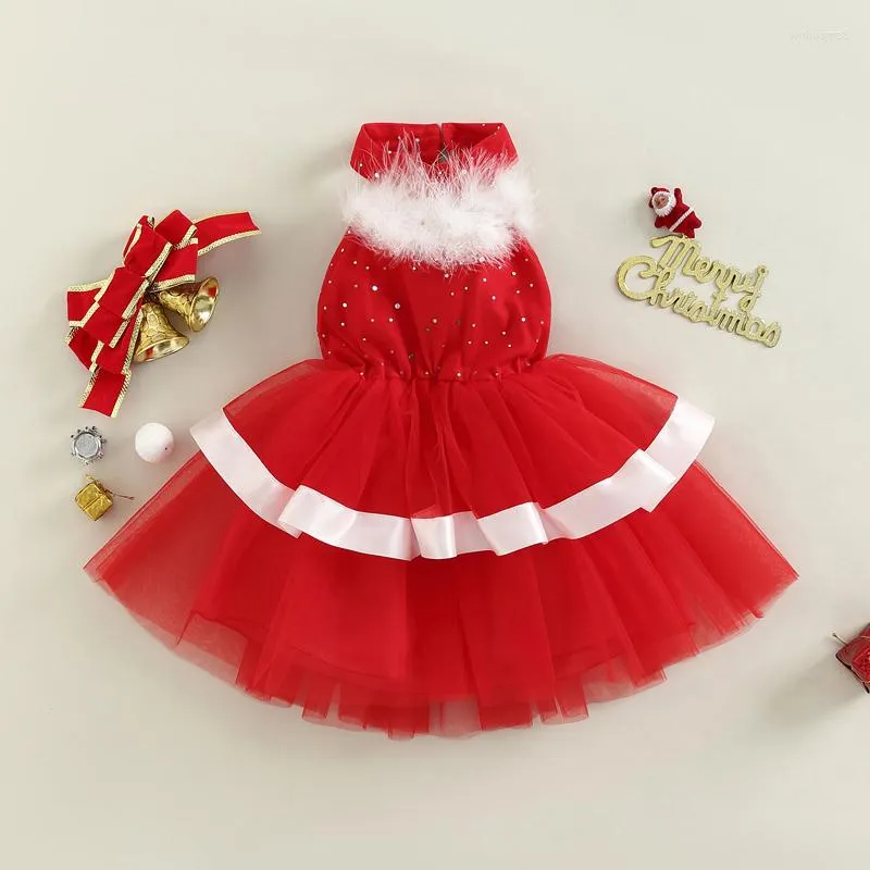 فساتين فتاة 1-5T أطفال صغيرة عيد الميلاد الأحمر الشباك بنفاة الفستان بلا أكيام