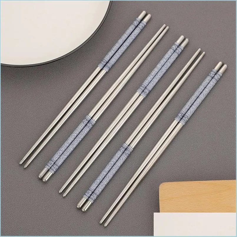 Chopsticks Flower Printed Chinese Chopsticks Stainless Steel Food Stick Traditional Dinnerware For Kitchen Restaurant 401 D3 Drop De Dhlkc