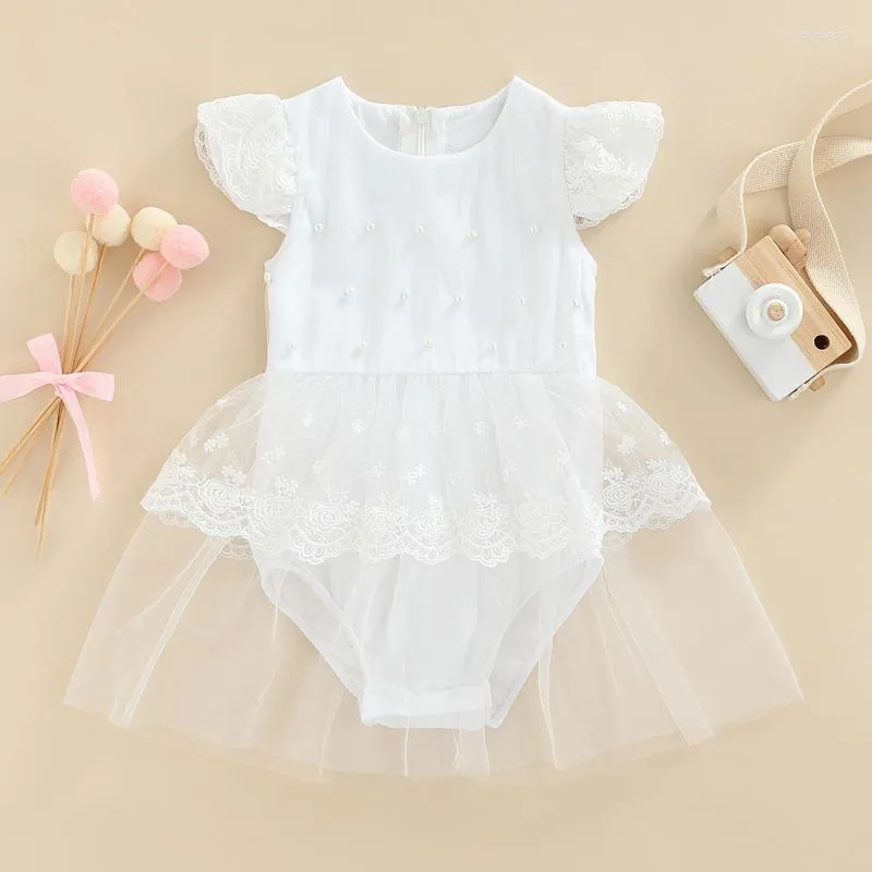 소녀 드레스 베이비 주름 고랑 디자인 메쉬 헴 진주 장식 귀여운 흰색 소프트 로퍼