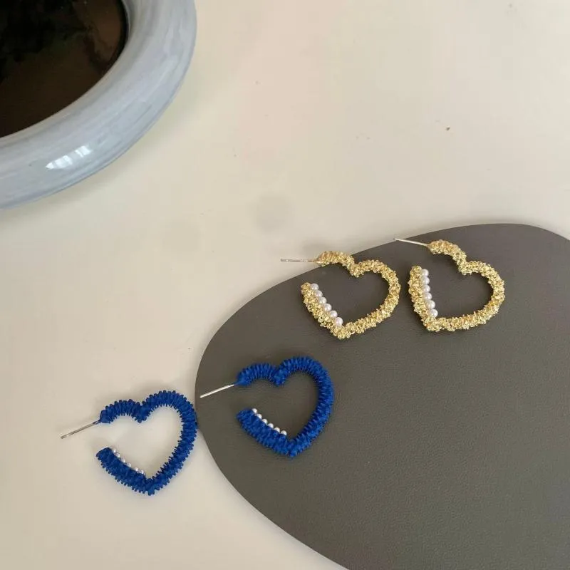 Hoop Earrings Simple Gold Blue Color Pearl Heart Fashion Statement Clip On For Women Party Jewelry