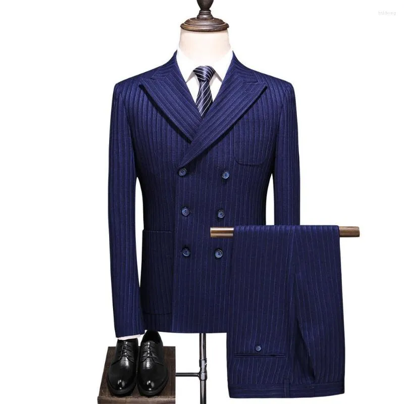 Men's Suits Double Breasted Striped 3 Piece Suit Men 2022 Korean Deep-Blue Slim Fit Wedding Man Business Blazers Pants Vest Big Size