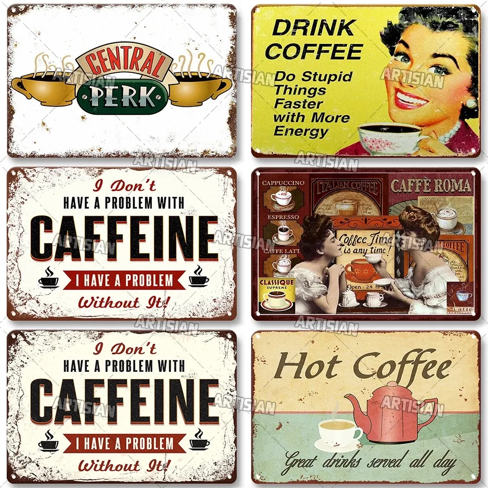 Klassisk kaffemetallm￥lning Dekorativ tallrik retro Tea Time Poster Home Bar Cafe Indutrial Decor Old Wall Metal Signs 20cmx30cm woo