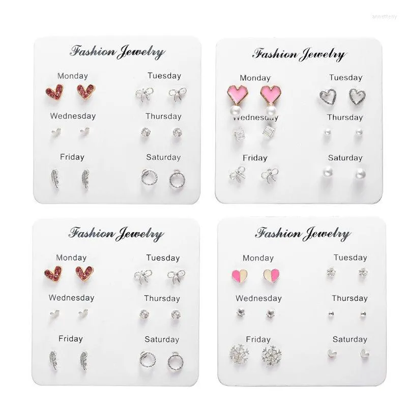 Stud Earrings One Week Earring Set Fashion Simple Crystal Heart For Women 6 Pairs/set Mini Brincos Valentine's Day Gift