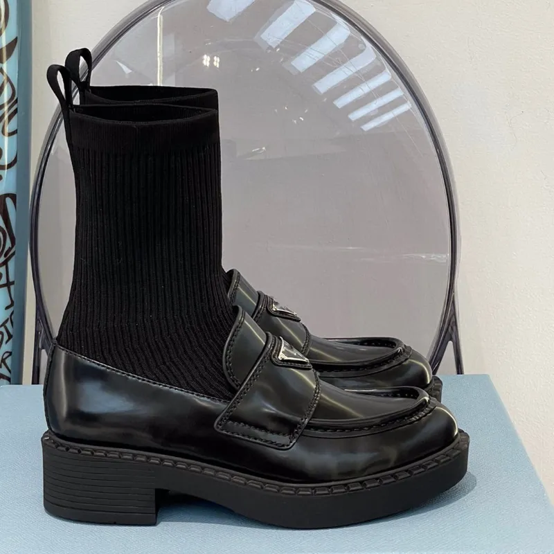 Chaussettes de mode pour femmes bottes chaussures de créateur en cuir noir semelle épaisse longueur cheville automne et hiver