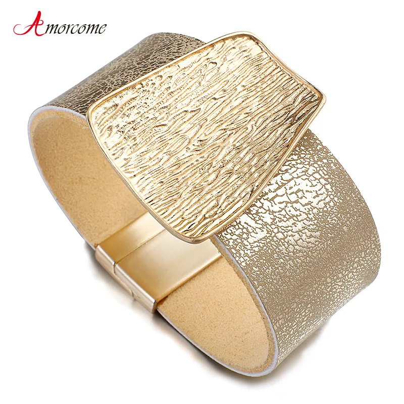 Pulseira de couro de metal dourado para mulheres femme moda wide wrap pulseiras jóias de pulseiras