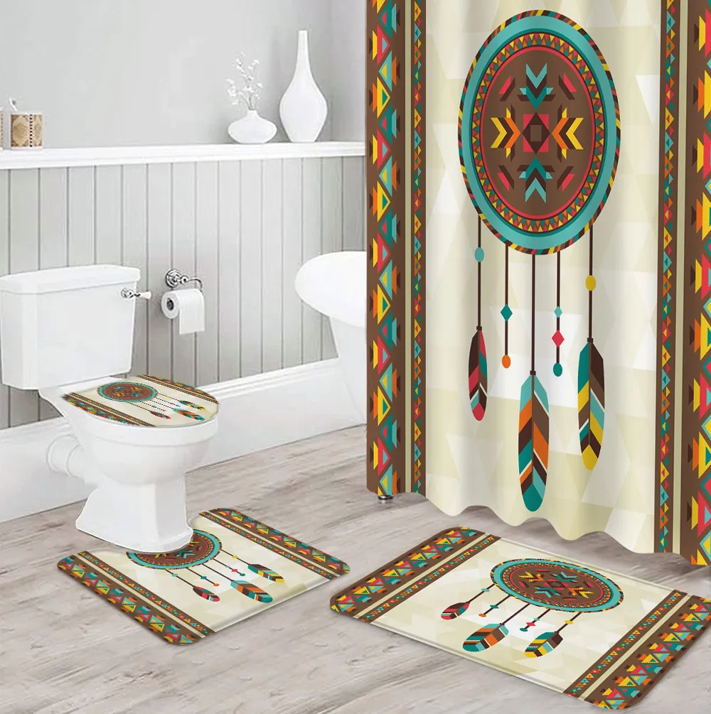 Tende da doccia Piuma indiana Illustrazione etnica Stampa Set di tende Copritappeto Tappetino da bagno per la casa 221104