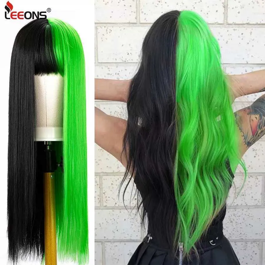 Synthetic Wigs Leeons Lolita Cosplay Half Green Black Long Straight With Bangs Two Tone Ombre T221103