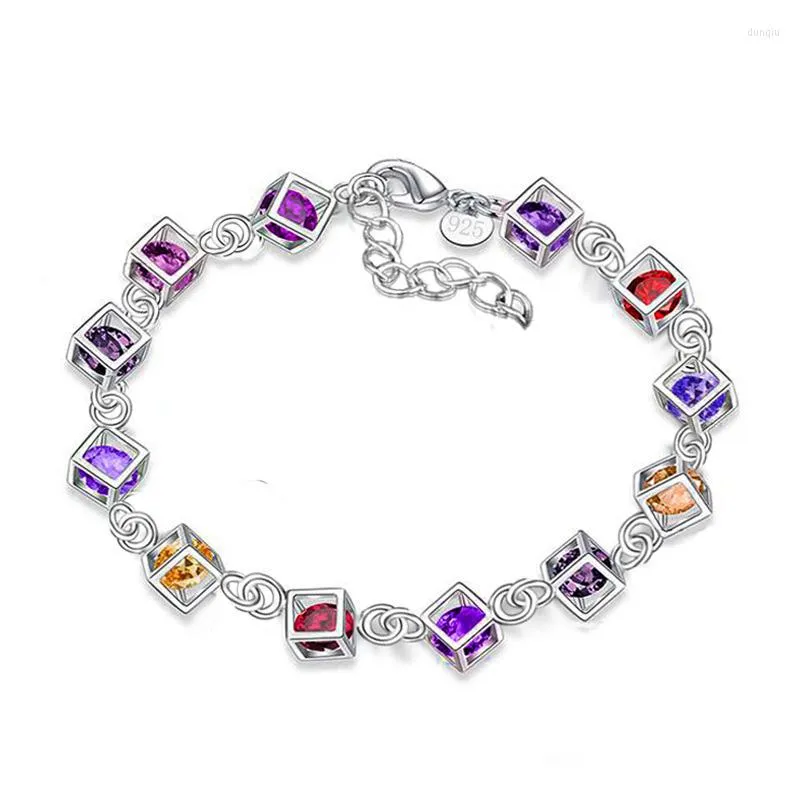 Charm Bracelets Fashion Summer Square Crystals Link Chain Stretch For Women Adjustable Party Silver Color Jewelry Pulseras Mujer