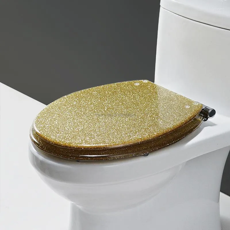 Toilettensitzbezüge, hochwertig, wunderschön, glitzernd, golden, Kunstharzbezug, langsames Edelstahlscharnier, U/V/O, universell