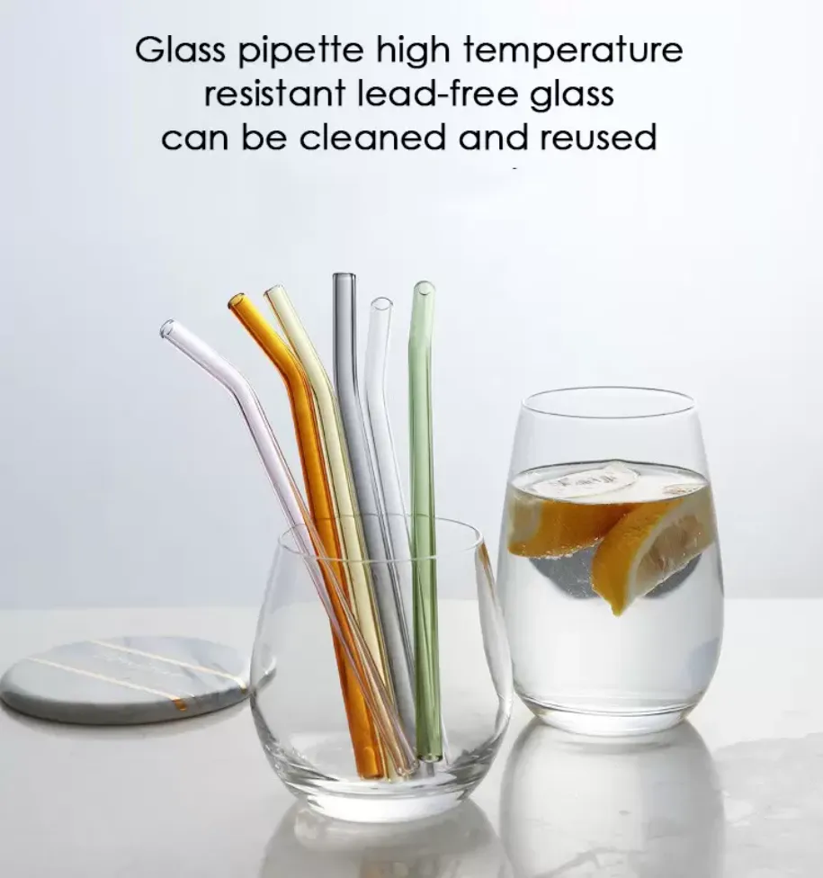 20 cm Återanvändbar Eco Borosilicate Glass Drinking Stråer Rensade färgade Böjda rakmjölkcocktailstrån Hög temperaturmotstånd SS1105