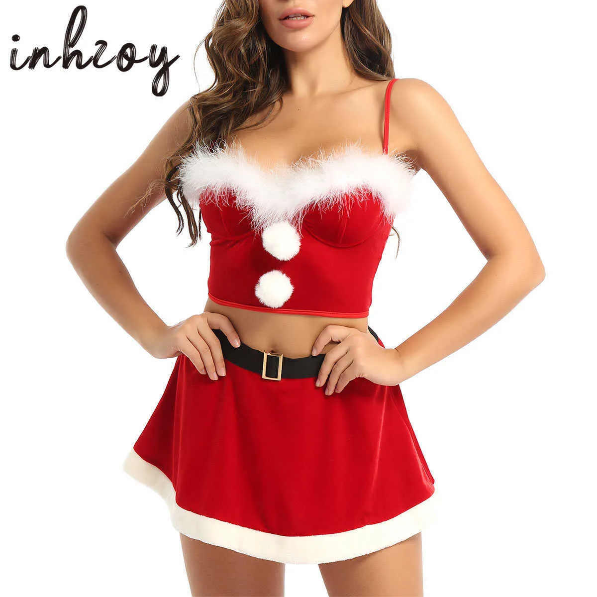 Heren nachtkleding Kerstman pak voor dames Sexy kerst aankleedbeha Crop Top met elastische tailleband Minirok Mevrouw Claus Kom Set Rood T221103