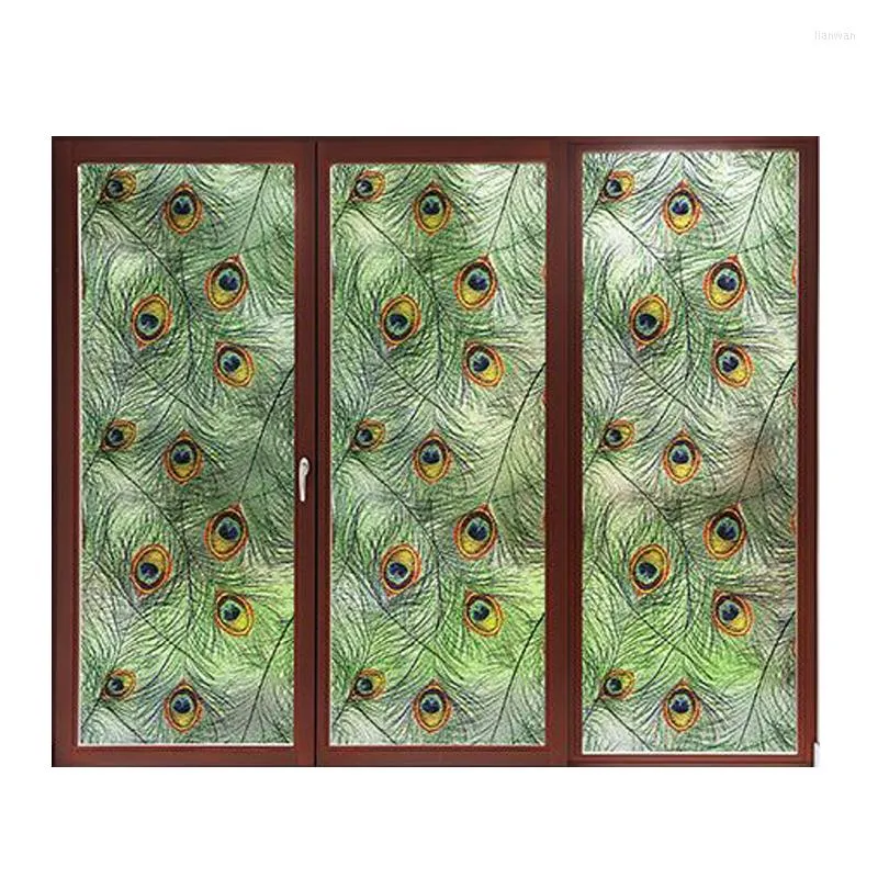 Adesivi per finestre Piuma di pavone verde Lampeggiante Pellicola ispessita Vetro decorativo per la casa Senza colla Statico 45 / 90CM