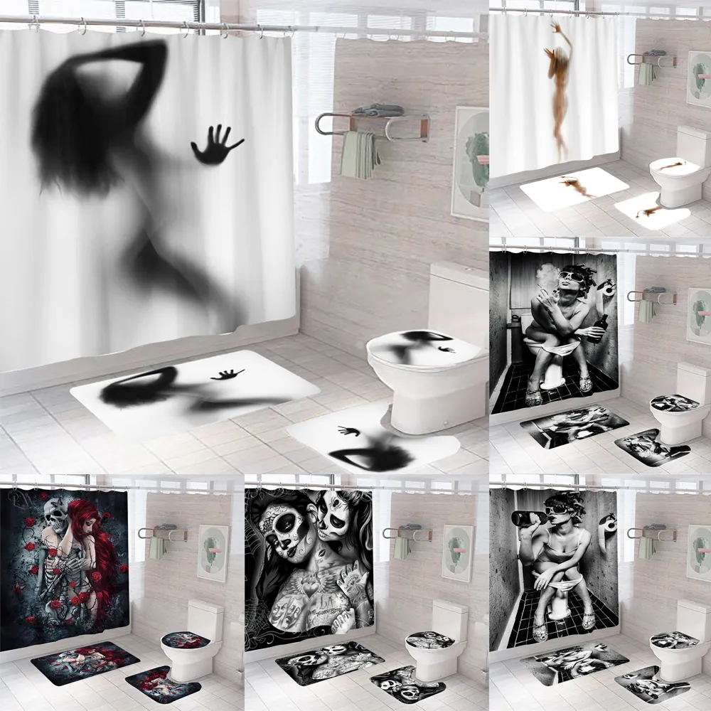 Shower Curtains Curtain And Rugs Sexy Woman Get Naked Print Fabric Toilet Lid Cover Mat Carpet Black White Gothic Bath 3D Bathroom Decor 221104