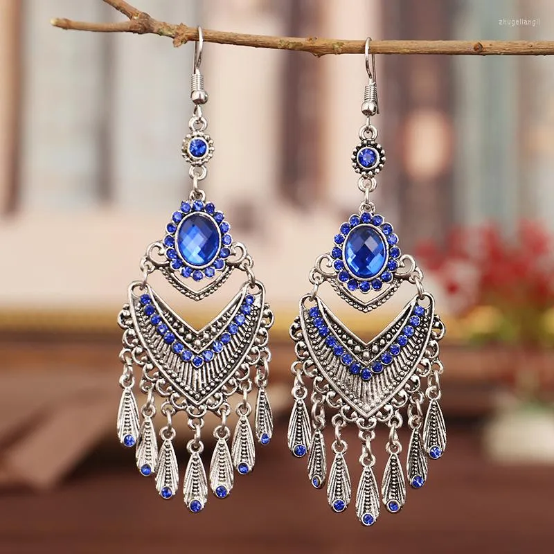 Dangle Earrings Bohemian Ethnic Colorful Rhinestone Acrylic Drop For Women Vintage Long Antique Silver Color Tassel Jewelry