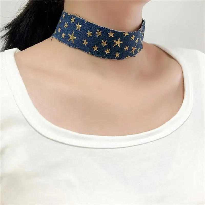 Tour de cou femmes Style Denim tissu couleur or étoile Design collier pour femmes bijoux 2 Pcs/Lot collier court déclaration