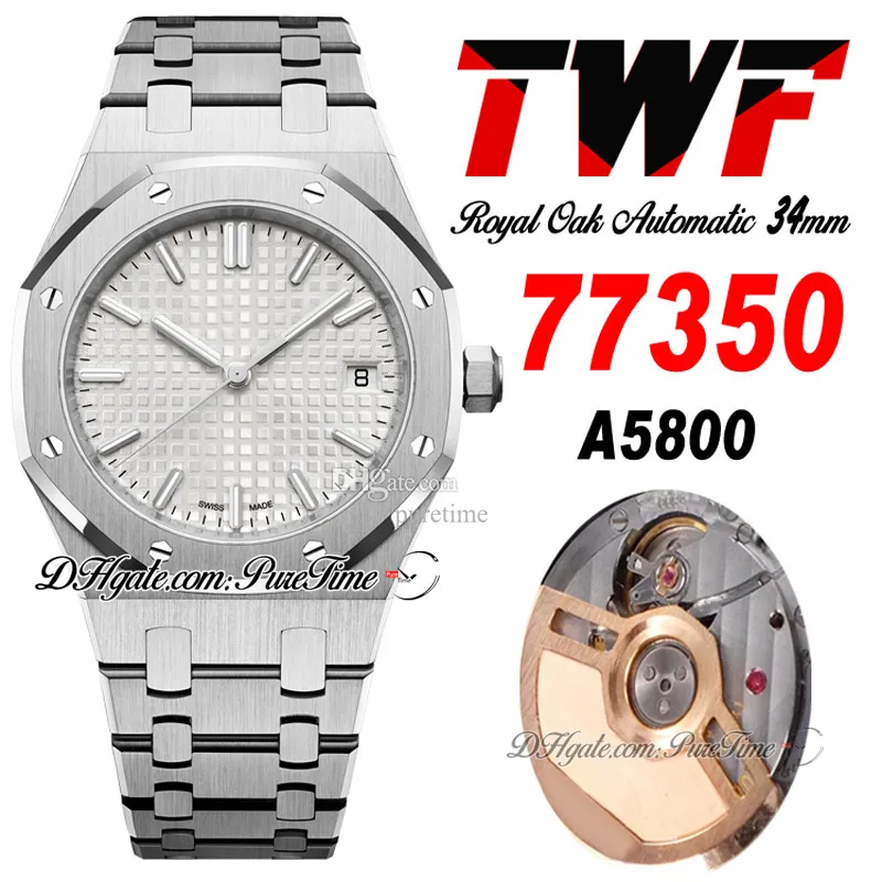 TWF 34mm 77350 A5800 Automatiska damer Titta på 50 -årsjubileum Vit texturerade Dial Stick Markers Rostfritt stål Armband Womens Watches Super Edition Puretime C3