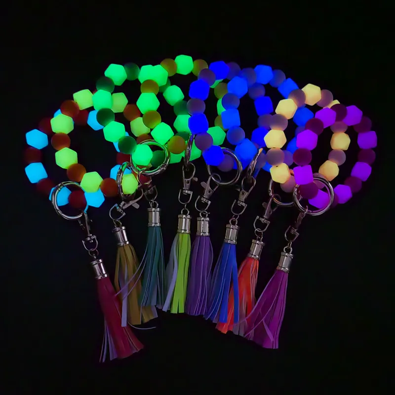 Porte-clés Bracelet en perles de Silicone, pompon lumineux, décoration de Bar de fête, accessoires de mode