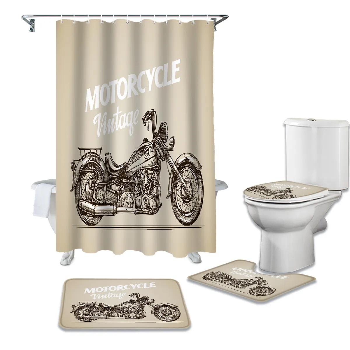 Douchegordijnen Vintage Motorfiets Mooi Strand Print Gordijn Set Tapijt Cover Wc Badkamer Mat Huishouden 221104